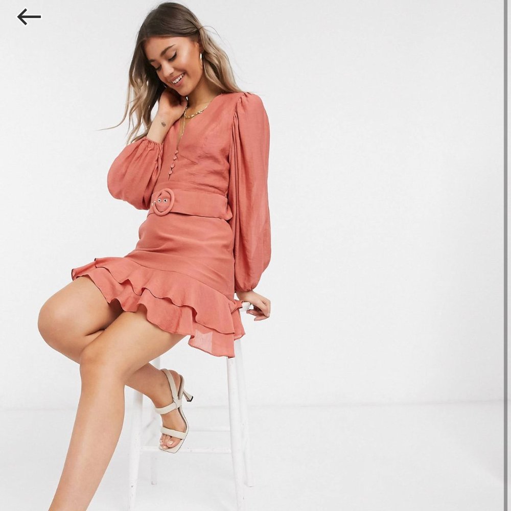 ASOS DESIGN batwing button front mini dress with frill hem & belt in rust US 10